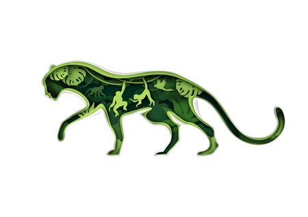 Jaguar silhouette with rainforest nature, jungle animals, vector illustration in paper art style. Multiple exposure.のイラスト素材