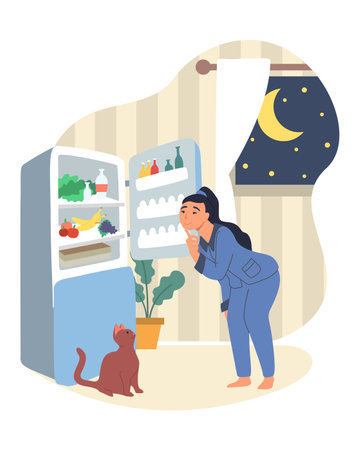 Obesity and weight problems. Hungry overweight woman standing in front of open refrigerator, flat vector illustration.のイラスト素材