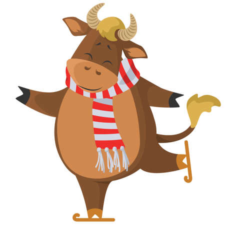 Cute cow ice skating. Cartoon vector illustration. Funny and happy bull character isolated on white backgroundのイラスト素材