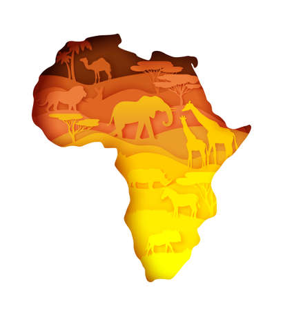 Mainland Africa map with wildlife, vector illustration in paper art style.のイラスト素材