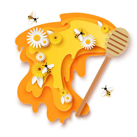 Paper cut flowing honey, wooden dipper, cute bees flying over blooming flowers. Vector illustration in paper art style.のイラスト素材