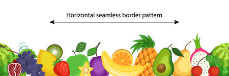 Vector seamless border pattern with ripe and fresh fruits. Healthy vegan food.