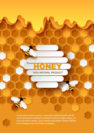 Honey vector poster template. Paper cut craft style honeycombs with flowing sweet organic honey and honeybees.のイラスト素材