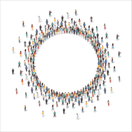 Large group of people forming circle frame, flat vector illustration.のイラスト素材