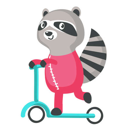 Cutr raccoon on a kick scooter icon isolated on white background. Vector illustrationのイラスト素材