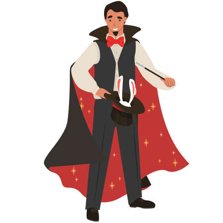 Magician performing magic show with rabbit in a hat. Icon isolated on white background. Vector illustration. Illusionist in magician costumeのイラスト素材