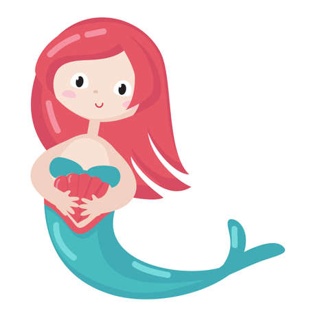 Cute mermaid holds seashell. Icon isolated on white background. Vector illustrationのイラスト素材