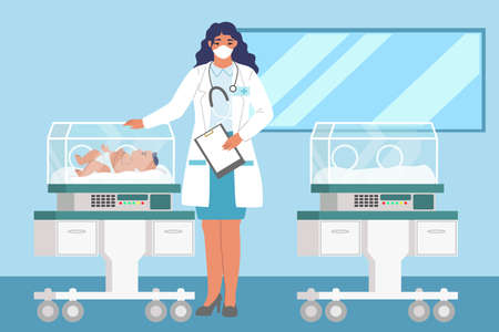 Female doctor standing next to newborn baby in incubator, flat vector illustration. Neonatal resuscitation.のイラスト素材