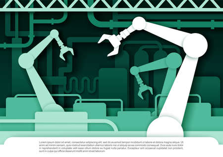 Automatic production conveyor belt with robotic arms. Vector illustration in paper art style.のイラスト素材