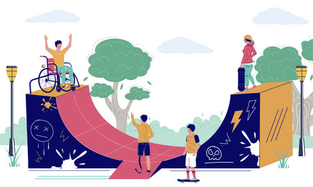 Happy young man using wheelchair in skatepark, flat vector illustration. Disabled person active lifestyle.のイラスト素材