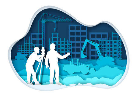 Paper cut construction heavy machinery and equipment, builders silhouettes. Vector illustration.のイラスト素材