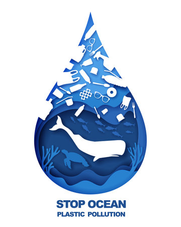 Save ocean. Stop plastic pollution. Vector illustration in paper art style. Ocean environmental problem, ecology.のイラスト素材