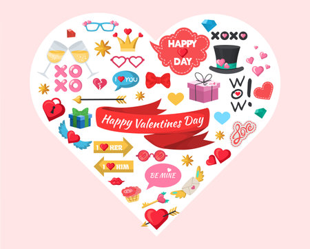 Happy Valentines Day party decoration, celebration accessories, stickers, photo booth props, flat vector illustration.のイラスト素材