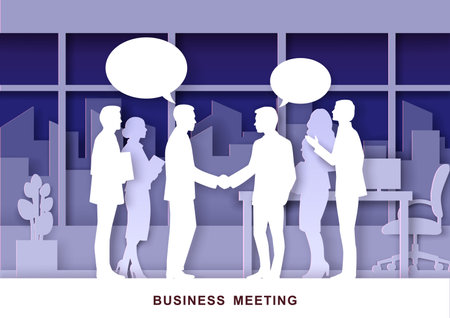 Office life scene, vector illustration in paper art style. Business people silhouettes meeting, talking, shaking hands.のイラスト素材