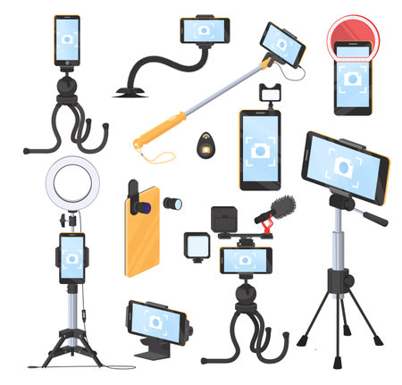 Mobile phone photo and video equipment, flat vector illustration. Smartphone lenses, selfie stick tripod, monopod.のイラスト素材
