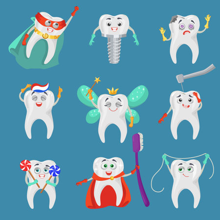Funny tooth cartoon character set, flat vector isolated illustration. Happy and sad teeth with human faces. Dental emojiのイラスト素材