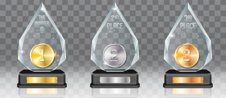 Acrylic glass trophy award mockup set, vector illustration isolated on transparent background.のイラスト素材