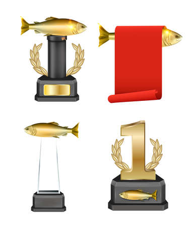 Fishing trophy mockup set, vector isolated illustration. Realistic angler competition winner awards, plaques.のイラスト素材