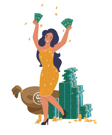 Rich woman with dollar bills in hands standing in money rain, flat vector illustration. Financial success, wealth.のイラスト素材