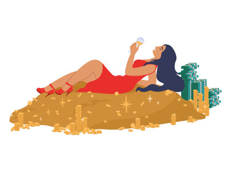 Happy successful woman lying on cash money pile, flat vector illustration. Rich girl with champagne. Financial success.のイラスト素材