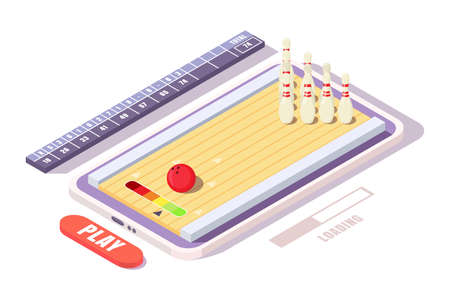 Isometric bowling ball and skittles on smartphone screen, flat vector illustration. Bowling game on...