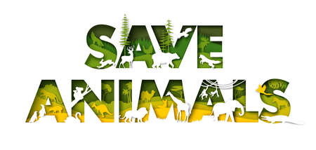 Save animals typography banner template. Europe, Asia, Australia, Africa, South America wild animals...