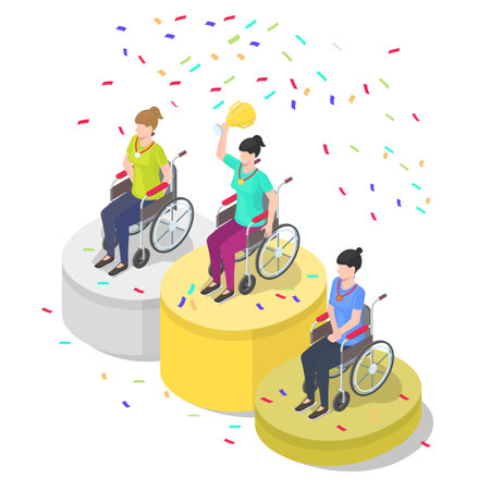 Happy female athletes in wheelchairs with gold trophy cup, medals on winner podium, flat vector isometric illustration.のイラスト素材