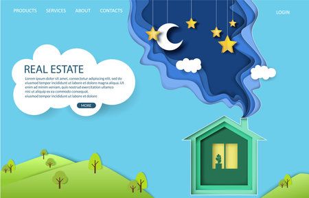 Real estate landing page design, website banner template. Vector illustration in paper art style.のイラスト素材