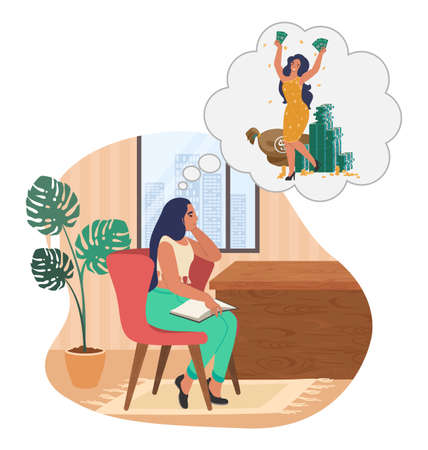 Young woman dreaming about money, flat vector illustration. Girl thinking about wealth.のイラスト素材