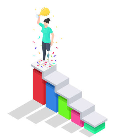 Isometric woman with disabilities celebrating victory with gold trophy cup, flat vector illustration. Path to success.のイラスト素材