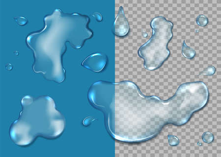 Water puddle set, vector isolated top view illustration. Realistic water splashes, droplets, liquid spillsのイラスト素材