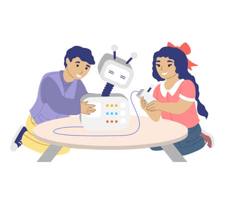 Happy children playing with robot toy, programming smart robot, flat vector illustration. Robotics school, class, club.のイラスト素材