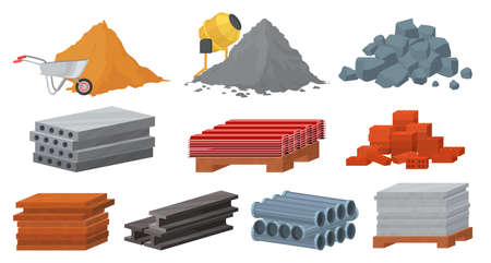 Construction materials set, flat vector illustration. Pile of sand cement stones bricks. Gypsum blocks, metal roof, tileのイラスト素材