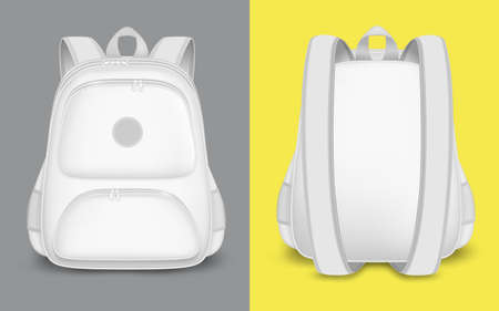 Backpack mockup set, vector isolated illustration. Realistic white school bag, sport tourist rucksack.のイラスト素材