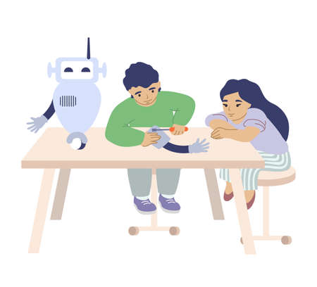 Happy children, boy and girl making smart robot, flat vector illustration. Robotics school, class, kid engineering club.のイラスト素材
