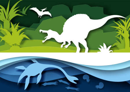Paper cut dino silhouettes and nature landscape, vector illustration. Dinosaur, reptile wild animal. Archeology, historyのイラスト素材