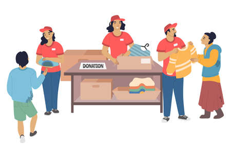 Volunteers donating clothes to homeless and poor people, flat vector illustration. Homeless aid, volunteering, charity.のイラスト素材