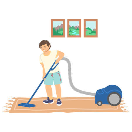 Boy cleaning the room with vacuum cleaner, flat vector illustration. Kid helping his parents do household chores.のイラスト素材