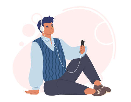 Man in headphones listening to audio program, music, audiobook on smartphone, flat vector illustration. Radio podcast.のイラスト素材