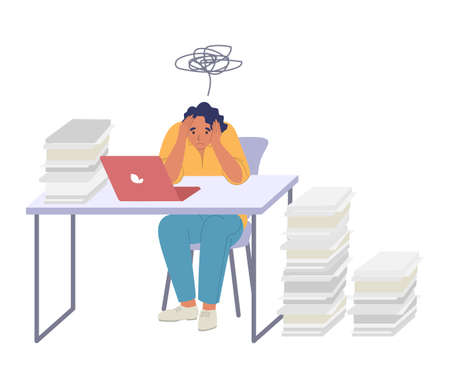 Tired woman employee sitting at desk in office, flat vector illustration. Burnout syndrome, chronic fatigue, stress.のイラスト素材