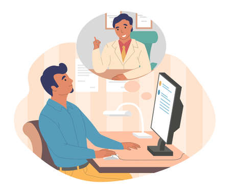Businessman talking with colleague online, flat vector illustration. Remote work, home office, online chat communicationのイラスト素材