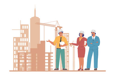 Professional construction engineers and architects in helmets, flat vector illustration. House building industry.のイラスト素材
