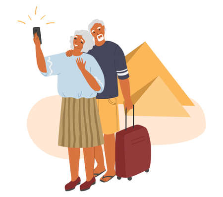 Senior travel activity and summer vacation. Happy elderly couple traveling the world together, flat vector illustration.のイラスト素材