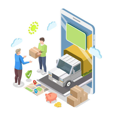 Isometric smartphone, truck, courier giving parcel to customer, flat vector illustration. Online home delivery service.のイラスト素材