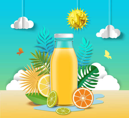 Citrus juice advertising poster design template. Healthy refreshing fruit beverage ads, vector paper cut illustration.のイラスト素材
