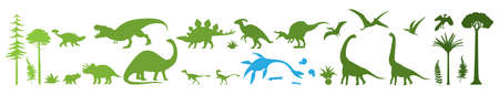 Green dino silhouettes, vector illustration isolated on white background. Dinosaur, jurassic wild animals.のイラスト素材