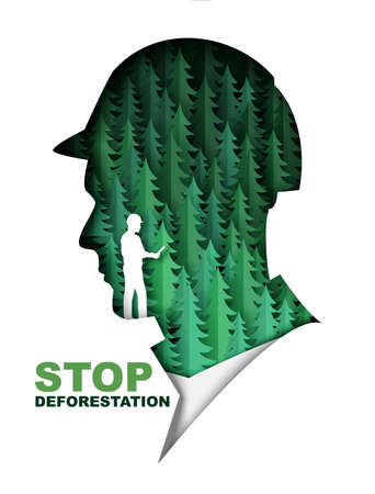 Stop deforestation poster banner template. Paper cut green fir trees inside of man head vector illustration. Save forestのイラスト素材