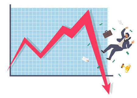 Falling businessman and down arrow chart, flat vector illustration. Business failure, collapse, economic crisis.のイラスト素材