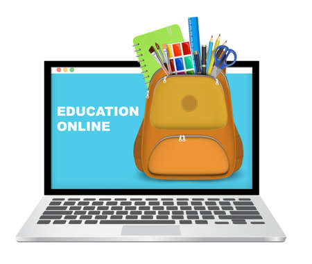 Laptop computer with backpack full of school supplies, vector illustration. Online education, distance learning.のイラスト素材