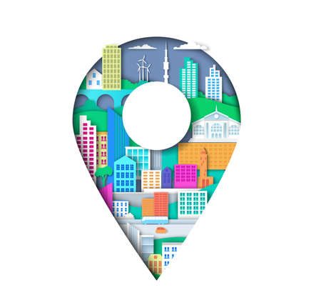 Location pin with city elements. Vector illustration in paper art style. Map pointer sign. City navigation.のイラスト素材